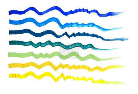 Photo for Lines of different colors are horizontally arranged on white background. The lines start flat, then turn into waves and curves. Left to right. Yellow, green, turquoise, blue colors. Different shades. - Royalty Free Image