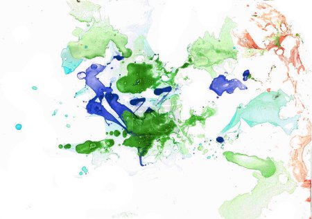 Abstraction de taches floues chaotiques colorées sur un fond blanc. Différentes nuances de fuzz bleu, vert et pêche éclaboussures. Effets de marbre et flou. Images aléatoires.