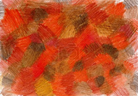 Hintergrund gefüllt mit Textur, die mit Buntstiften gezeichnet wurde. Orange, Rot, Braun, Ockerfarben und verschiedene Schattierungen. Chaotische Züge. Herbstliches Farbschema.