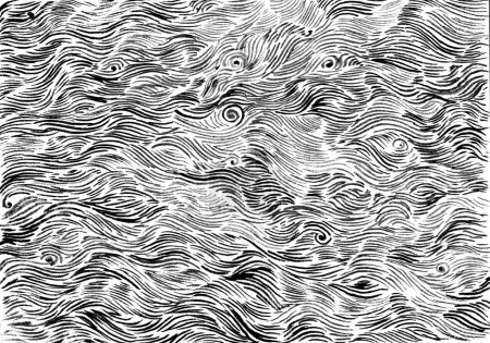 Abstrakte Textur Hintergrund. Dekorative Wellen von zarten dünnen Linien und Locken unterschiedlicher Länge und Größe. Linien in verschiedenen Grau- und Schwarztönen auf weißem Hintergrund. Aquarell.