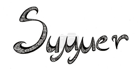 Doodle lettering word Summer. In black color. Isolated on white background. Italic font, rounded letters. Black outline. Inside, the word filled with pattern of flowers, lines, dots, circles, curls.