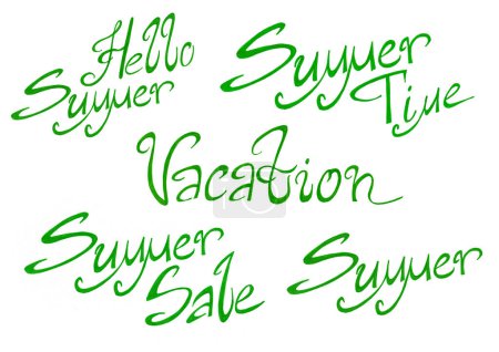 Set of phrases in green. Isolated on white background. Hello Summer. Summer time. Vacation. Summer sale. Summer. Lettering. Italic font. Rounded letters.