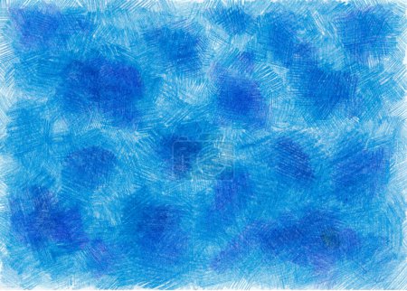 Hintergrund gefüllt mit Textur, die mit Buntstiften gezeichnet wurde. Verschiedene Schattierungen blaue Farben. Chaotische Züge. Hintergrund sind ungleich gefüllte Striche. Manchmal gesättigter, manchmal weißer Raum.