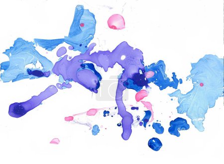 Photo for Abstraction from spots of different shades of blue on a white background. Marble effects and blur. Chaotic spots. In some places light pink drops. - Royalty Free Image