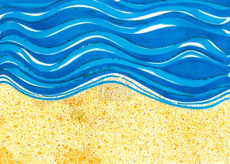 Abstrakter Hintergrund. Durch Blau und Gelb in zwei Hälften geteilt. Der obere Teil mit blauen Wellen. Der Boden ist mit Gelb übersät. Wasser und Sandstrand. Strand. Markierungszeichnung.