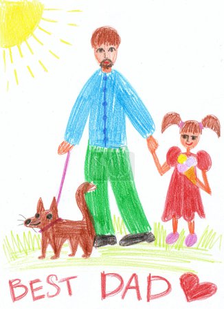 Photo for Postcard to the Dad drawn by child. White background. Drawing with colored pencils. Dad is depicted with girl and a dog. The girl is eating ice cream. Inscription to the Best Dad. Fathers Day. - Royalty Free Image