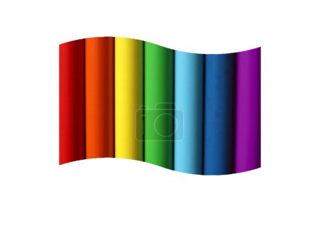 Regenbogenfahne. Vereinzelt auf weißem Hintergrund. Die Flagge ist mit vertikalen Streifen gefüllt. Streifen von abgerundeter Form, haben ihr eigenes Licht und ihren eigenen Schatten. Homosexualität. Symbol.
