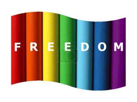 Rainbow flag. Word freedom in white. Each letter is in different color. Isolated on white background. Flag is filled with vertical stripes. Strips of a rounded shape, have their own light and shadow.