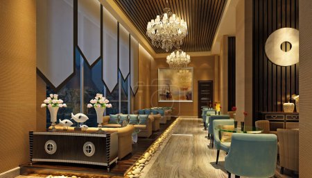 Foto de 3d renderizar lobby hotel de lujo y bar - Imagen libre de derechos