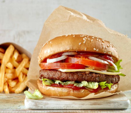 Photo for Fresh tasty burger and french fries - Royalty Free Image
