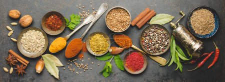 Photo for Herbs and spices on dark background - turkish, indian, asian cooking concept, flat lay, space for text - Royalty Free Image