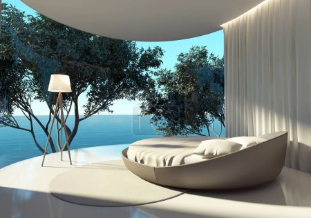 Foto de Ambiental dormitorio contemporáneo, cama redonda y vista al aire libre - Imagen libre de derechos