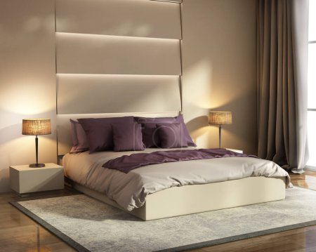 Photo for Contemporary beige and violet hotel luxury bedroom - Royalty Free Image