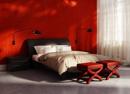 Photo for Contemporary elegant luxury red bedroom with large windows - Royalty Free Image