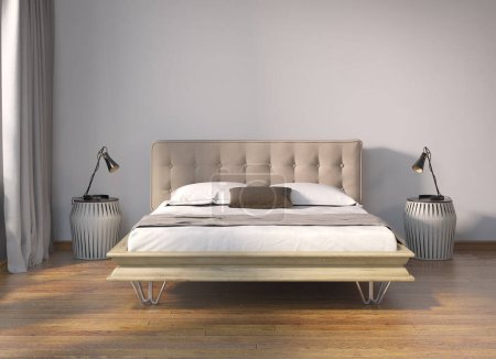 Photo for Modern beige tufted bed in contemporary grey interior - Royalty Free Image