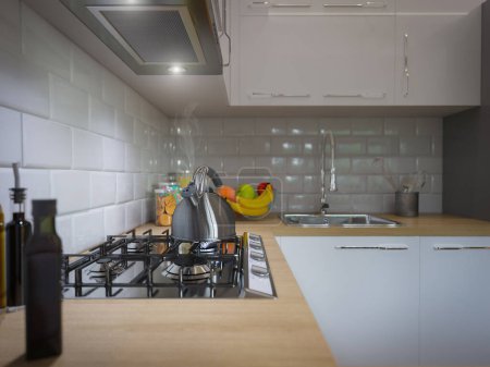 Photo for 3d illustration kitchen decor interior design. Modern studio apartment in the Scandinavian minimalist style - Royalty Free Image