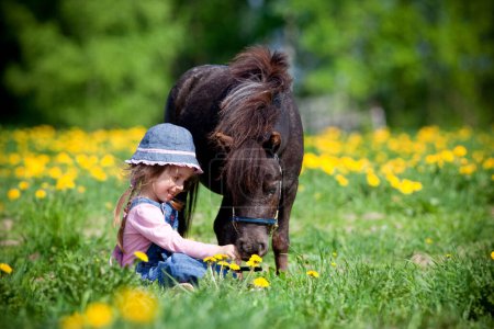 Foto de Niño alimentando a caballo pequeño en el campo en primavera. - Imagen libre de derechos