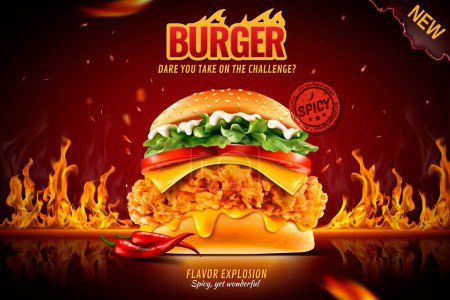 Photo for Hot chilly hamburger ads with blazing fire in 3d illustration - Royalty Free Image