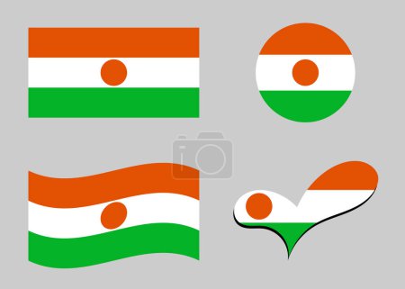 Nigerian flag. Niger flag in heart shape. Niger flag in circle shape. Country flag variations.