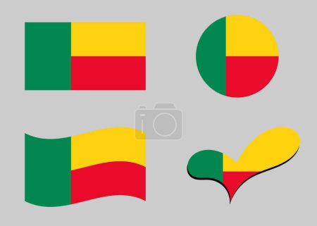 Benin flag. Flag of Benin in heart shape. Benin flag in circle shape. Country flag variations.
