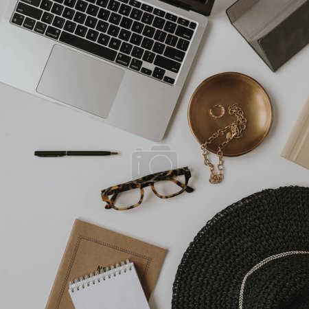 Photo for Flatlay laptop computer, notebook, glasses, bijouterie, women's fashion accessories. Top view minimalist aesthetic work, business concept - Royalty Free Image