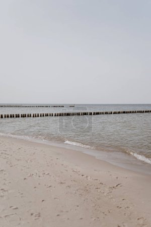 Foto de Playa con arena blanca, agua de mar de color neutro y cielo azul. Fondo natural para vacaciones de verano - Imagen libre de derechos