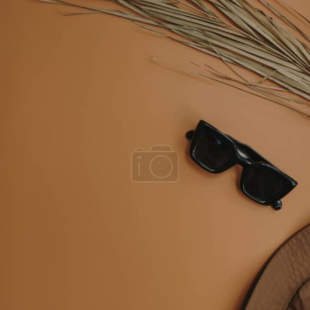 Photo for Sunglasses, panama hat, dried tropical palm leaf on orange background. Flat lay, top view minimals fashion collage. Female fashion blog, shopping concept - Royalty Free Image