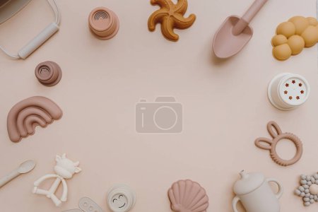 Téléchargez les photos : Élégant mignon pastel coloré bébé enfant jouets éducatifs sur fond rose pastel clair. Collage de jouets pour bébé hygge esthétique avec espace de copie vierge. Couché plat, vue du dessus - en image libre de droit