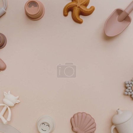 Téléchargez les photos : Ensemble de jouets différents sur fond rose pastel avec espace de copie vide vierge. Couché plat, vue du dessus - en image libre de droit