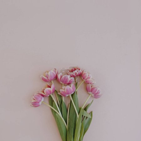 Téléchargez les photos : Tulip flowers bouquet on pink background. Flat lay, top view - en image libre de droit