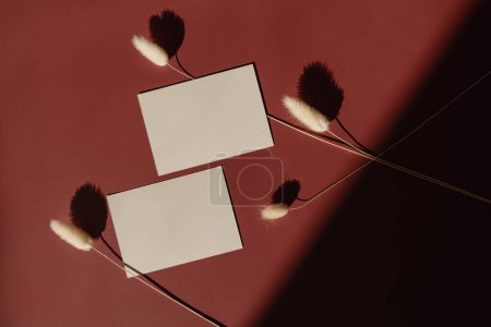 Foto de Blank paper sheet card with mockup copy space, fluffy rabbit tail grass on crimson background with sunlight shadows silhouette. Aesthetic bohemian minimal business brand template. Flat lay, top view - Imagen libre de derechos