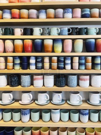 Téléchargez les photos : Craft ceramic pottery collection on shelfs - en image libre de droit