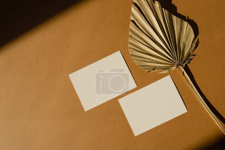 Téléchargez les photos : Cartes en papier vierges avec espace de copie maquette, feuilles de ventilateur sèches et ombres ensoleillées sur fond orange. Pose plate, vue du dessus modèle de marque d'entreprise minimale esthétique - en image libre de droit