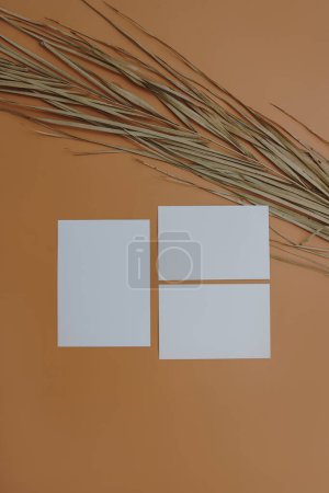 Photo for Flatlay of blank paper cards, dry palm leaf stem on orange background. Business template. Top view, flat lay minimalist aesthetic luxury bohemian business branding concept - Royalty Free Image
