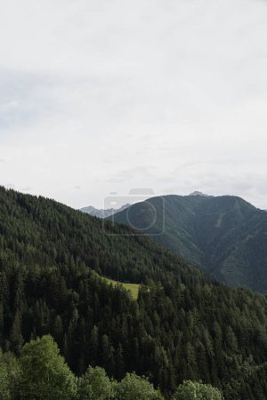 Foto de Picturesque view of mountain hill, forest, sky and clouds. Scenic nature landscape. Summer vacation travel - Imagen libre de derechos