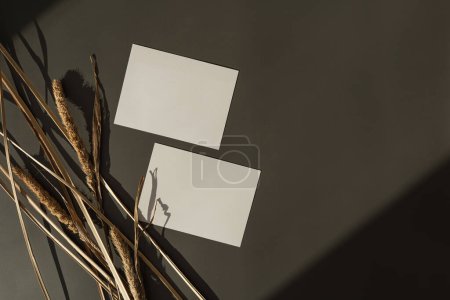 Photo for Blank paper sheet cards with mockup copy space, dry pampas grass, soft sunlight shadows on deep green background. Aesthetic flat lay, top view minimal business brand template - Royalty Free Image