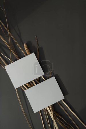 Photo for Blank paper sheet cards with mockup copy space, dry pampas grass, soft sunlight shadows on deep green background. Aesthetic flat lay, top view minimal business brand template - Royalty Free Image