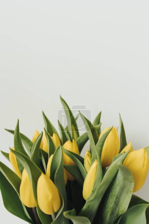 Foto de Delicado ramo de flores de tulipán amarillo sobre fondo blanco. Composición floral bohemia minimalista - Imagen libre de derechos
