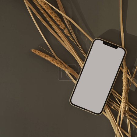 Photo for Blank screen mobile phone with copy space on dark background. Dried grass stem. Flat lay, top view. Copy space mockup template. - Royalty Free Image