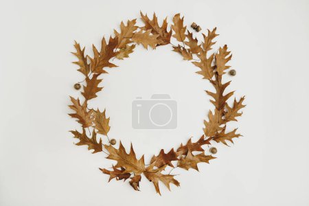 Téléchargez les photos : Couronne ronde faite de feuilles de chêne séchées, glands sur fond blanc avec espace de copie vierge. Pose plate, maquette vue du dessus - en image libre de droit