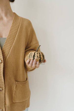 Photo for Woman holding pumpkin. Autumn, fall, thanksgiving, halloween concept - Royalty Free Image