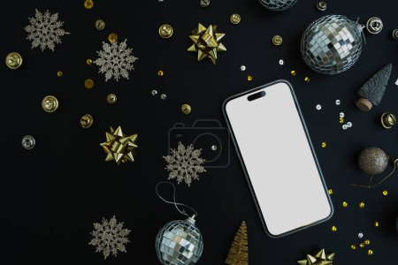 Photo for Flatlay mobile phone with blank copy space screen on black background. Aesthetic elegant Christmas decorations: disco balls, stars, confetti, tinsel. Top view New Year holidays template - Royalty Free Image