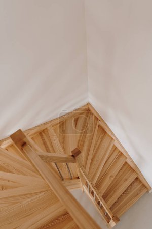 Photo for Natural wooden and white wall. Minimalist modern home interior. Top view, overhead view - Royalty Free Image