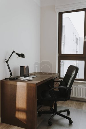 Photo for Home office desk workspace. Nordic modern minimal interior design concept. Desktop table and chair in white room. Scandinavian style - Royalty Free Image