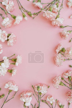 Photo for Minimal floral styled concept. Pink carnation flowers on pink background with copy space. Creative wedding invitation template. Flat lay, top view - Royalty Free Image