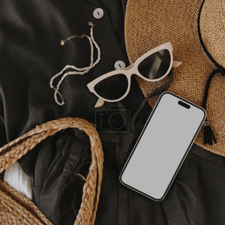 Photo for Flatlay mobile phone. Aesthetic elegant blog, online shopping, online store, social media branding template with blank copy space. Fashion composition with female clothes and accessories - Royalty Free Image