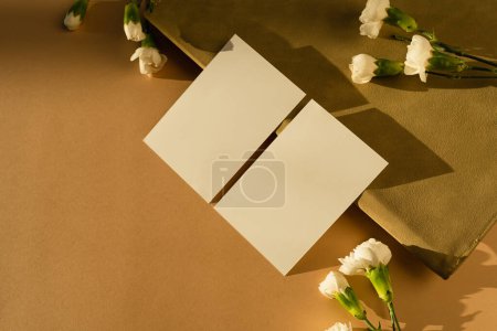 Photo for Blank paper sheet cards with mockup copy space, carnation flowers with aesthetic sunlight shadows. Aesthetic invitation template - Royalty Free Image