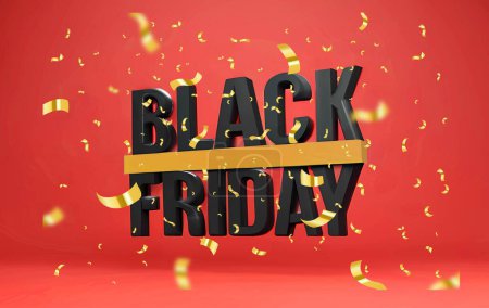 Photo for Black Friday Sale Banner with Gold Confetti event poster 3d design on red background with gold confetti - Royalty Free Image