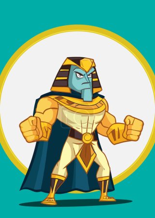 Ilustración de Personaje de la esfinge en un traje de oro azul, pharos faraónico egipcio antiguo super héroe dibujo animado personaje vector diseño de arte leído para imprimir - Imagen libre de derechos
