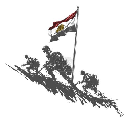 Tuschezeichnung Vorlage für 6 Oktober Sieg Design mit Silhouette Soldaten auf Hügel mit ägyptischer Flagge Vektorkunst, Plakat oder Grußkarte Feier Design 